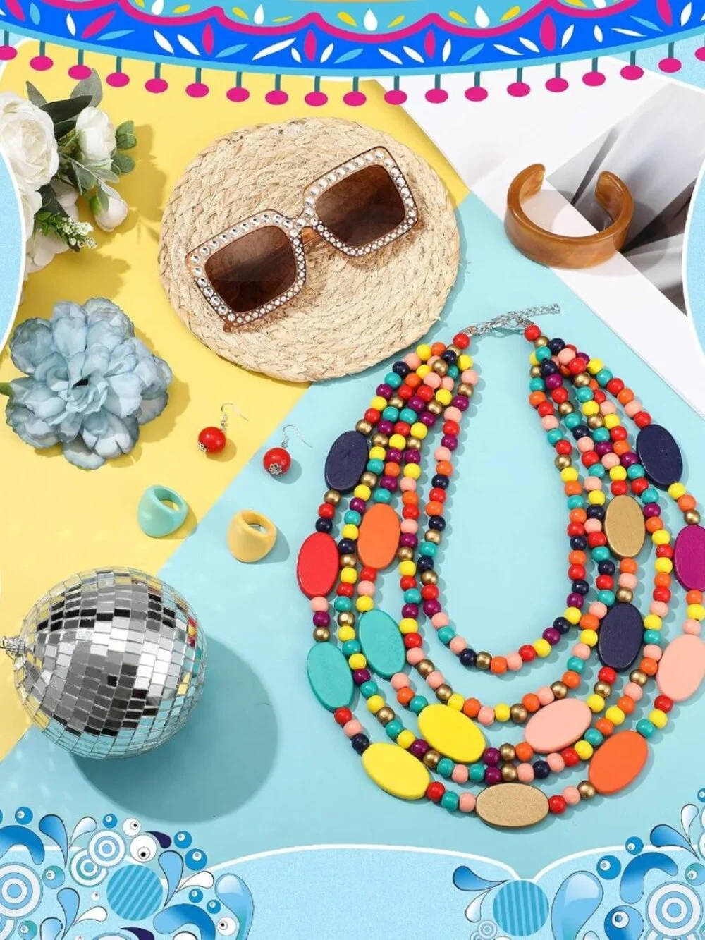 Chic Landlady Costume Set: Caftan Dress, Curly Wig, Jewelry & Sunglasses for